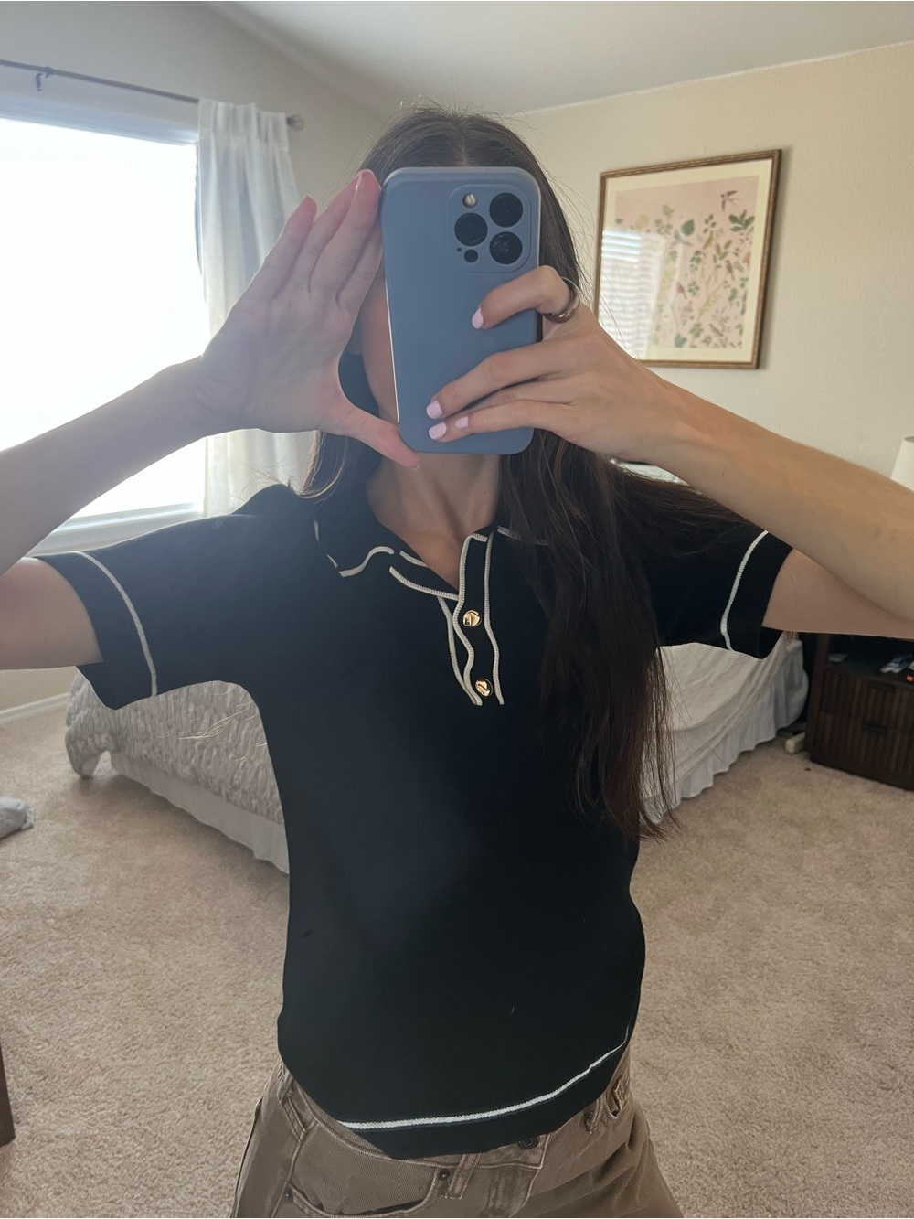 a new day Black Knit Polo Shirt with White Trim